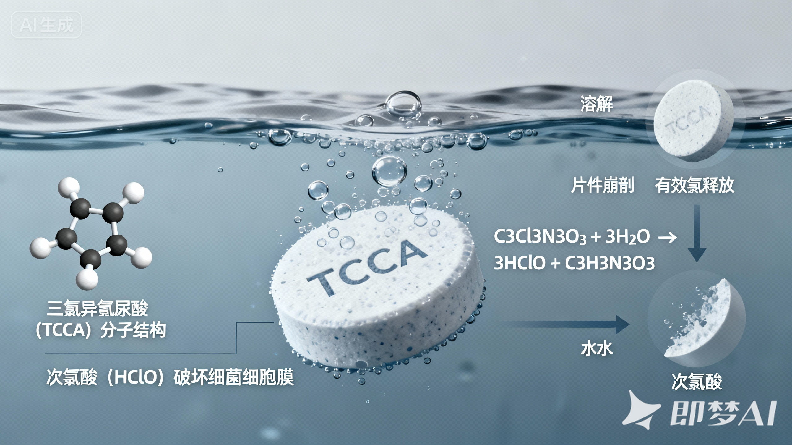 Schematic diagram of TCCA tablet dissolution and chemical reaction.