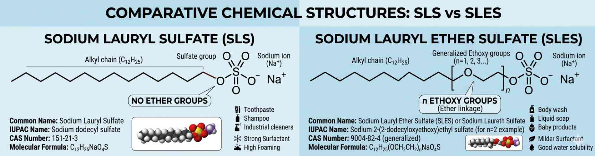 chemical structure of Sodium Lauryl Sulfate and Sodium Lauryl Ether Sulfate - www.zzcleanchem.com